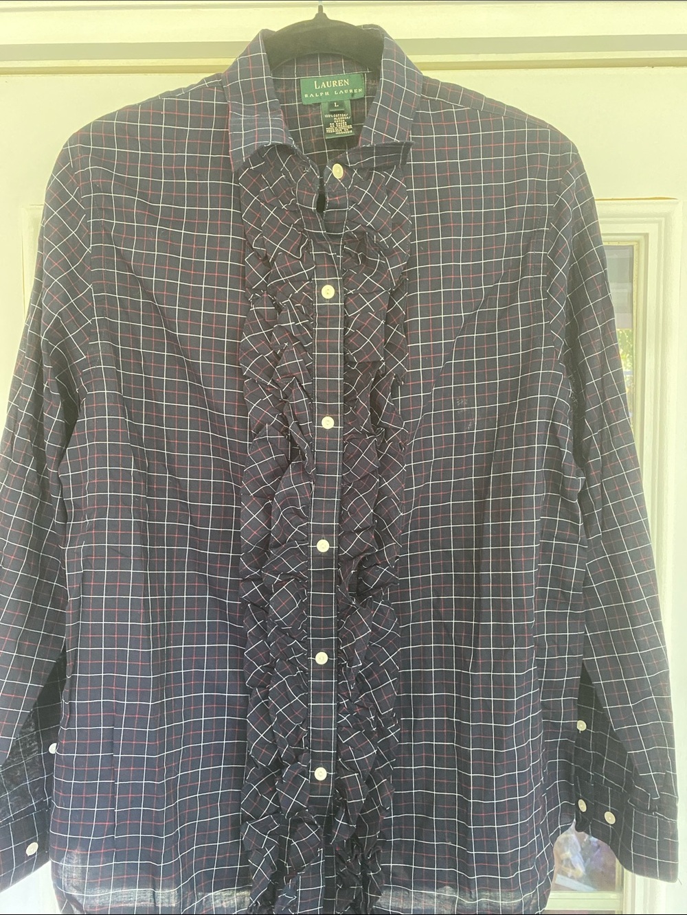 Ralph Lauren Navy and Red Plaid Ruffle-Shirt. Size Large. Beautiful!
